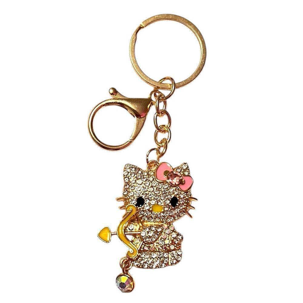 Cute Hello Kitty Cupid AB And Clear Crystal Yellow Bow Keychain